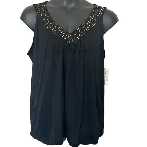 NEW French Laundry Women’s V-neck Embellished Blouse SZ 18/20 Black Gold Short - Picture 1 of 9